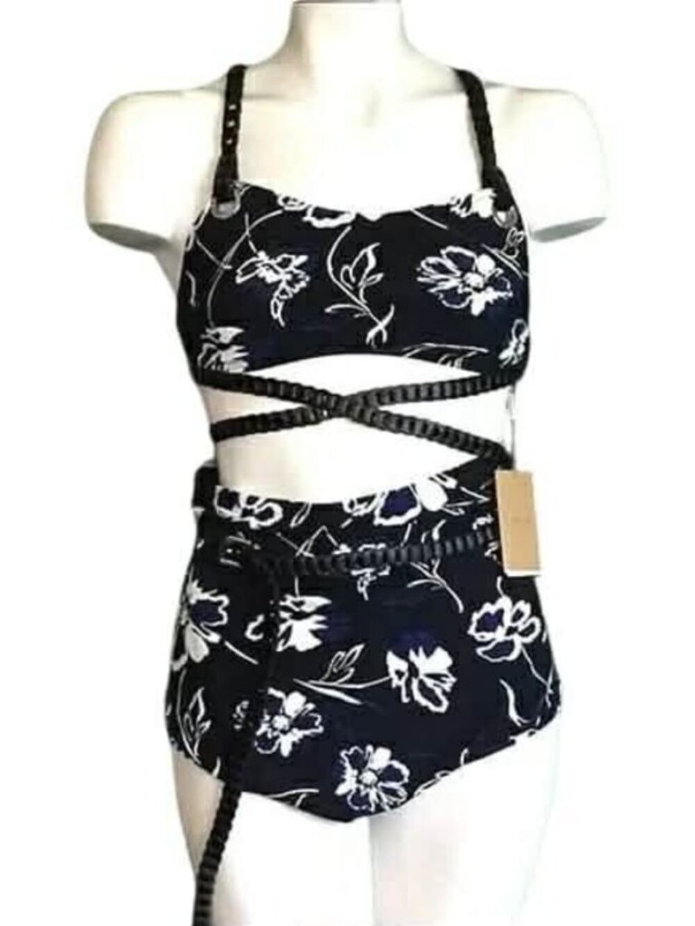 Michael Kors Collection NWT Leather-Trimmed Crepe Bra and Brief Bikini - Size 10